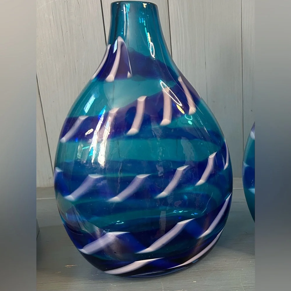 Crate&Barrel Blue & White Swirl Hand-Blown Glass Vase